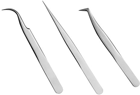 Wimpernverlängerungspinzette Set Wimpernapplikator Werkzeug Gebogene und gerade spitze Pinzette Wimpernverlängerung liefert Edelstahl-Präzisionspinzette Silber (matt, 3 Stk Ledertasche)