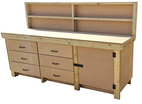 Wooden 18mm MDF Workbench Tool Cabinet with Lockable Cupboard - With Back Panel (7ft)