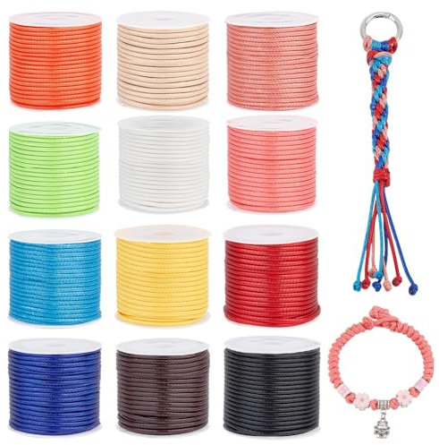 PH PandaHall 12 Farben gewachstes Garn, 2 mm, aus Polyester, geflochten, gewachste Kordel, geflochten, für Armband, Halskette, Schmuck, Basteln, Handwerk, Makramee, 10 m/Rolle