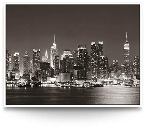 Wandbild Skyline New York Manhatten Night - 160cm x 120cm Leinwand auf 2cm Keilrahmen mit Schattenfugenrahmen weiß
