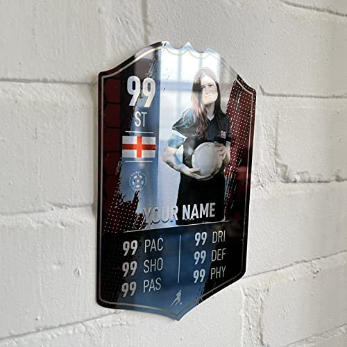 ShopQuality4U Mirror Finish Personalise Football Card Player Stats Shield - Blue Strip Printed Metal Shield Sign Wall Art A5 Player Add Name (12x20cm)