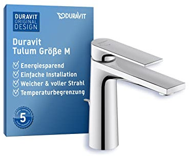 Duravit Tulum Waschtischarmatur, Größe M (Auslauf Höhe 122 mm), Wasserhahn Bad mit Zugstangen-Ablaufgarnitur, Waschbecken Armatur mit FreshStart-Funktion, Chrom