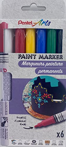 Pentel Arts Paint Marker MSP10, Pochette de 6 Marqueurs peinture permanents, Pointe fine, Noir/Rouge/Bleu/Vert/Jaune/Blanc