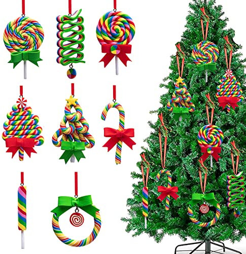 8 Stücke Zuckerstangen Weihnachten Lollipop Ornaments,Christbaumschmuck Süßigkeiten Regenbogen Lollipop Hängende Ornaments-Weihnachtsbonbons Polymer Clay Baumschmuck Weihnachten.
