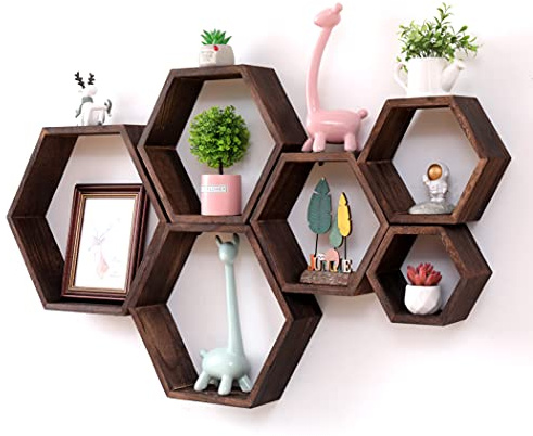 Sechseckige Wandregale Wabenförmige Regale 6er-Set Wandmontierte Holzregale im Landhausstil Wand-Aufbewahrungsregal für Badezimmer, Küche, Schlafzimmer, Wohnzimmer ,Flur, Büro, Dekor- Wanddekoration
