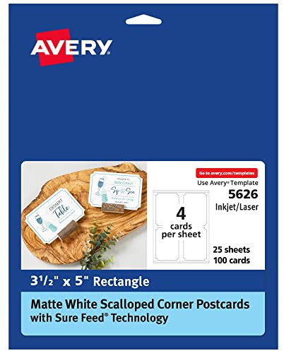 Avery Postkarten mit gewellten Ecken und Sure Feed Technologie, 8,9 x 12,7 cm, mattes Weiß, insgesamt 100 Karten, laser-/tintenstrahldruckbare Karten (5626)