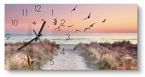 DEQORI Glasuhr | vertikal 60x30 cm | Motiv Strandaufgang zur Ostsee | große XXL Design Uhr aus Glas | leise Wanduhr für Wohnzimmer & Küche | Moderne Hingucker Uhr für die Wand