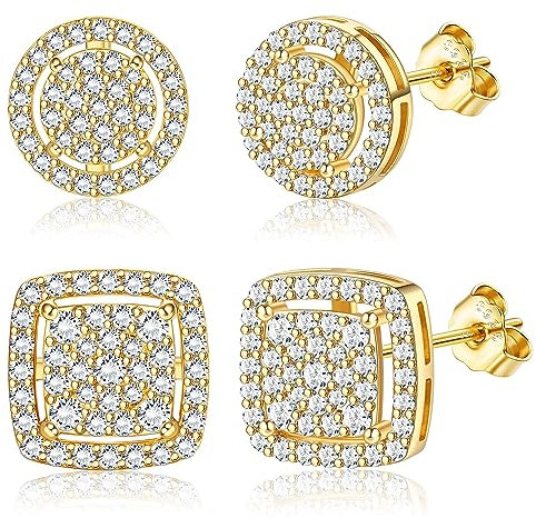 Morfetto Ohrringe für Männer - Sterling Silber & Gold Iced Out Halo Quadratische Ohrringe Herren Ohrstecker Set