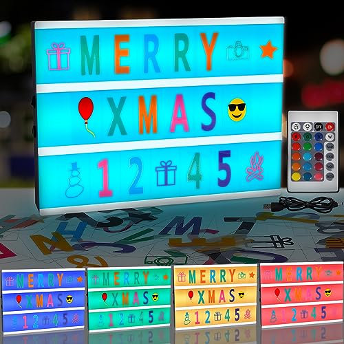 DONGQI Caja luminosa LED, caja luminosa de mensaje, caja luminosa con 311 letras y emojis, control remoto, A4 Light Box para boda, cumpleaños, KTV, bar, alimentado por USB y batería