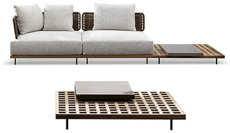 RNQZ Outdoor-Rattan-Sofa, Patio-Sofa-Set, Gartentisch und Stühle mit Kissen, Gartenmöbel, Teakholz-Set für Balkon, Hinterhof, Pool,Weiß