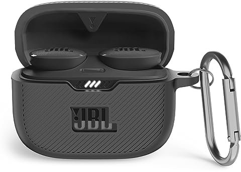 MOWYEOK Silikon Hülle kompatibel mit JBL Tune 130NC TWS, Tragbare Kratz und stoßfeste Silikonhülle, Front LED sichtbar, für JBL Tune 130NC TWS Gehäusezubehör, mit Karabiner - Schwarz