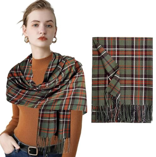 Vegena Schal Damen - Schal Kariert, Damen Schal mit Fransen, Warmer Schal Weiches Halstuch, Herbst Winter Kaschmir Schal Damenschal, Tartan Schultertuch für Damen Herren(Grün)