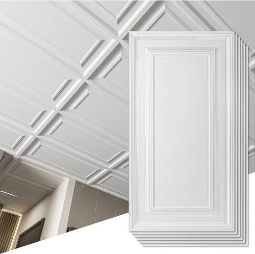Art3d Lot de 12 dalles de plafond décoratives en PVC pour sous-sol, cuisine, salle de bain, 61 x 122 cm, couvre 8,9 m², Blanc