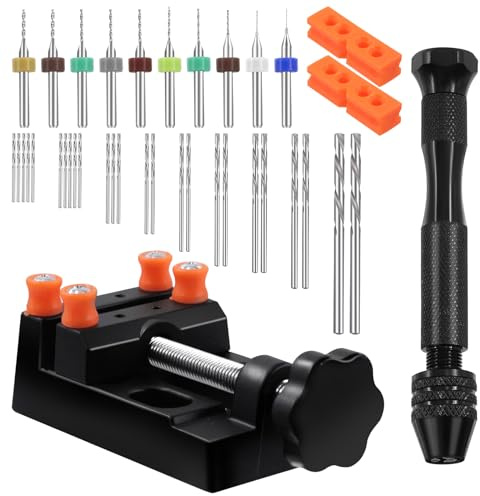 Swpeet 47 Pieces Hand Drill Bits Set Include Mini Bench Vice mit Klemmen, Pin Vise Handbohrer, Spiralbohrer und Mini-Bohrer Sortiment Kit, Holzbearbeitung Hand Bits Set für DIY (0,3-1,2mm Farbe Bits)