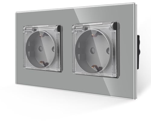 JIMEIDA 2-Steckdose in Grau 16Amp Glas Steckdosen mit Wasserdichtem Deckel 157 * 86mm,250V,2 Fach
