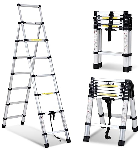 Herrselsam Teleskopleiter Klappleiter A-Rahmen, 2m+2.3m Aluminiumleiter 6+7 Sprossen Mehrzweckleiter, Tragbare Rutschfester Ausziehbare Stehleiter, Max Belastung 150 kg