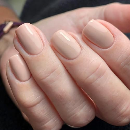 DMQ Square Fake Nails - 24pcs Short, Nude White, Press On Nails, French Stick On Nails with Glue, Full Cover Nail Tips for Women & Girls