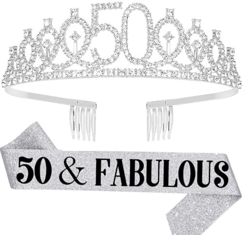 Kamiya 50. Geburtstag Kopfschmuck Mädchen, Gold Geburtstags Krone Schärpe Kristall Tiara für Frauen Birthday Crown Prinzessin Haar-Zusätze für Frauen Party Deko Accessoires