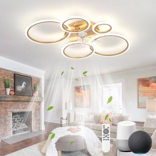 KeLuKes Ventilatore da Soffitto con Luce Compatibile con Alexa e Google Assistant, 100cm Lampadario Ventilatore Soggiorno, Reversibile Dimmerabile Timer Silenzioso Anello Ventilatore, Oro