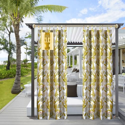 Comlax Outdoorvorhänge - Wasserdicht Tropische Blätter Outdoor Vorhang Balkon Terrasse Vorhängel UV Schutzmittel und Winddicht Vorhang, Balkon sichtschutz Vorhänge 1 Stück, Gold 132x275cm