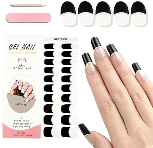 MrCuvaryas 20Stk Gel Nagellack Aufkleber, UV Nagelfolie für Hände, Full Wraps Nagelaufkleber LED-Lampe Erforderlich Cured Gel Nail Strips mit Nagelfeile und Stick für Frauen (Black French, 24x)