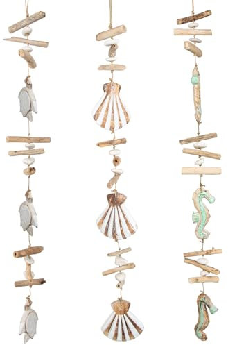 Logbuch-Verlag 3 Lange weiße Maritime Deko Anhänger aus Holz Bad Deko ca. 100 cm Muscheln Seepferdchen Schildkröte