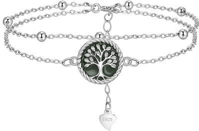 Lydreewam Lebensbaum Armband für Damen 925 Sterling Silber Grün Emaille Doppel Baum des Lebens Armkette mit Kugeln, verstellbare 17+4cm