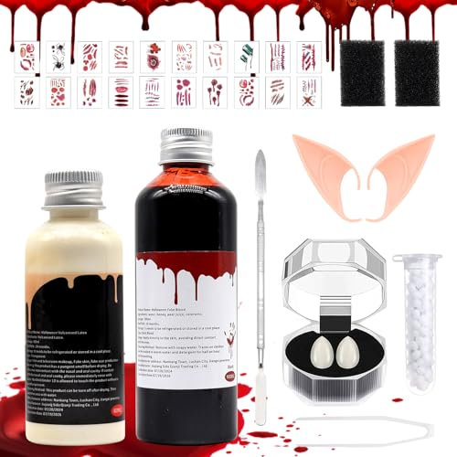Kit Faux Sang Halloween, Halloween Set Maquillage à Effets Speciaux, 120ml Faux Sang, 60ml Latex Liquide,Halloween Set de Faux Sang Kit de Maquillage Halloween pour Maquiller Vampires Costumes Cosplay