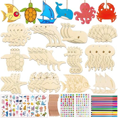Meertier 288-Teiliges Holz Bastelset für Kinder - Mit 36 Holzstücken, 202 Strasssteinen, 36 Seilen, 12 Farbstiften, 2 Aufklebern - DIY Handwerk für Mädchen/Jungen