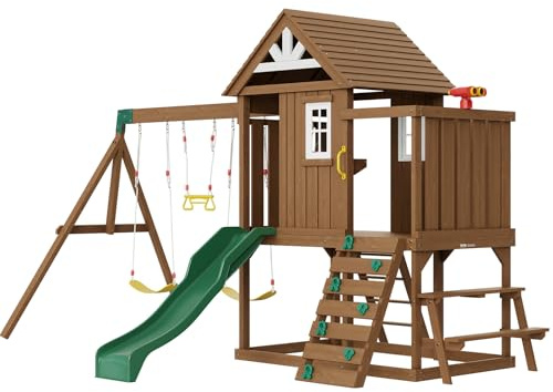 VEVOR Altalena in Legno, Set da Gioco Cortile Altalene Scivolo Set di Gioco Casetta Superiore Carico max. 150kg con Giocattoli da Cucina, Scala a Pioli Piatta, Parete di Roccia, Tavolo da Picnic