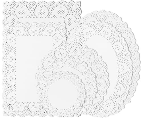 Tortenspitze 6 Formen 350 Stück Einweg Deckchen Aus Papier Spitze Untersetzer Lace Papier Deckchen Kuchen Rund Rechteckig Oval Spitzend Tische Papier Für Servierteller Kuchen Desserts Handwerk(Weiß