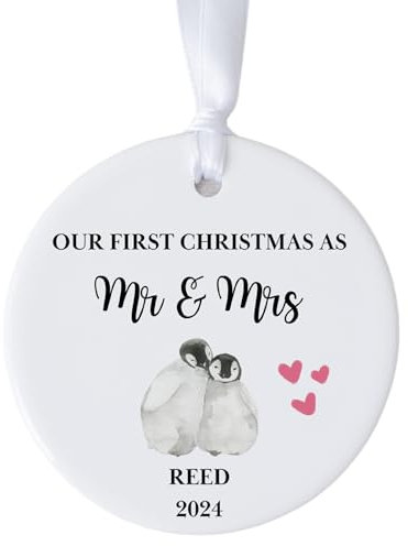 First Christmas as Mr and Mrs Bauble, 1st Xmas Married, Personalised Tree Decoration, Wedding Gift for Couples, Hanging Ceramic Ornament with ribbon