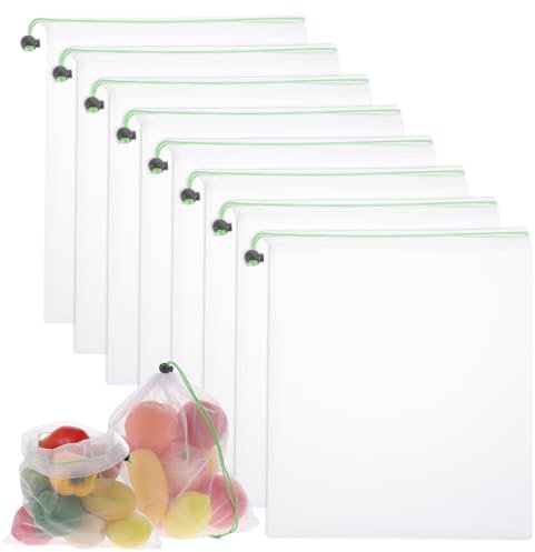 TIESOME 8 Stück Obst Gemüse Netztasche, Wiederverwendbar Transparente Netzbeutel mit Kordelzug Produce Mesh Bags für Lebensmittel, Gemüse, Obst, Haushalt, Spielzeug, Kleinteile