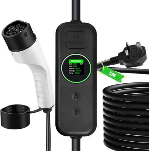 EV Charger Cable Type 2 to UK 3 Pin Plug, 5M Portable Electric 3.6KW Car Charger with LED Display, 8/10/13/16A Type 2 Charging Cable, Type 2 Charging Cable for EVs and PHEV