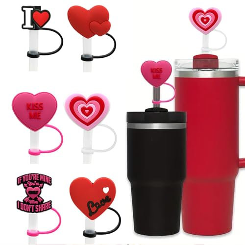 TELAIN Herz Strohhalm Abdeckung 6er Set, Rosa Für Stanley Cup, Auslaufsicheres Und Staubfreies Zubehör Für 20oz, 30oz, 40oz Becher Und Tumbler Geschenke