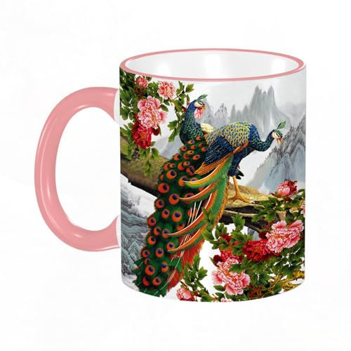 YOIUE Tasse aus Keramik - Große 11oz Tassen 330ml Kaffeetassen mit Henkel, 100% Handbemalt - Trinkgläser mit Griff - Weiß,König eines Pfaus, glamouröse Flügel und Blumen, dekorativ, modern