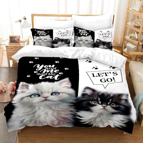 UGZDEA Katze Bettwäsche Set, nettes 3D Haustier Katze Weiches Mikrofaser Steppbrett Set Mädchen Jungen Bettwäsche mit Bettbezug und Kissenbezug (E, Single(135x200cm))