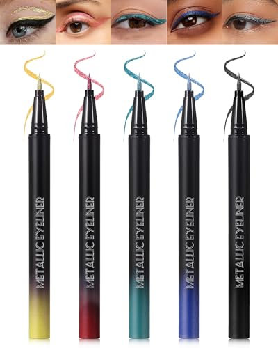 5 Farben Glitter Liquid Eyeliner Set, Gold Schwarz Rot Grün Blau Metallic Shimmer Kajalstift, Glitzer Eyeliner Wasserfest Langlebig, Ultrafeine Feder, High Pigment Augen Makeup für Cosplay Party-SetB