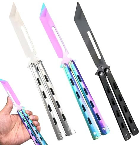 Sporgo 3 Stück Butterfly Messer: Butterfly Trainer Ungeschärfte Klinge Übungs Butterfly Kamm, Edelstahl Butterfly Knife Trainer für Trainingsmesser Anfänger übt Flipping-Tricks (Schwarz+Silber+Farbe)