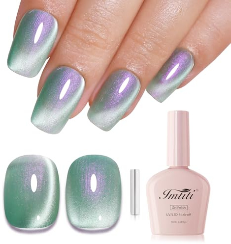 Imtiti Mint Cat Eye Gel Nail Polish 10ML Magnetic Aurora Mermaid Green Purple Soak Off UV LED Long Lasting 28+ Days High Gloss Salon Nail Art with Magnet Stick for Women Girls Gift 0.34 fl oz