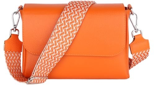 MIRROSI Umhängetasche Damen, Crossbody Bag, Echtleder Made in Italy (1 Tasche 2 Gurte oder Basic Version 1 Tasche 1 Gurt), 27x20x7cm (BXHXT) Mittelgroß (Upgrade Version (mit 2 Gurte): Orange Flecht)