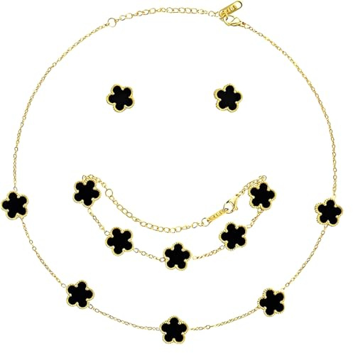 AYVRUOP 18k Vergoldet VierbläTtriges Kleeblatt Schmuckset VierbläTtriges Kleeblatt Halskette Ohrringe Armband,Zweiseitig Anhänger,Hypoallergenes Glücksklee Emaille-Schmuck Set,Schwarz