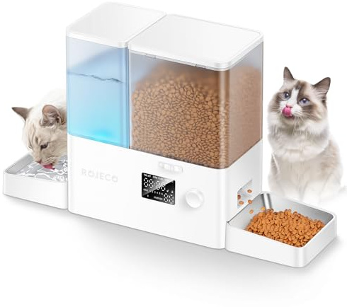 Rojeco Distributeur Automatique 2-en-1 Nourriture et Eau，8.5L Grande Capacité，Minuterie Programmable，Bols en Acier Inoxydable，Commande par Bouton，pour Chat Chien Petit Moyen Animal