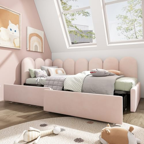 NADEUSAK Polsterbett Einzelbett 90x200cm Rosa mit Schubladen Stauraum Samt Tagesbett Schlafsofa Ohne Matratze für Jugend Erwachsene Kinder