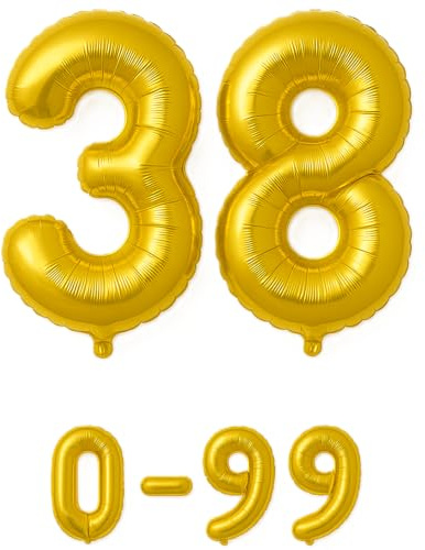 Luftballon 38 Gold | 80 cm Zahlenballon | Folienballon mit Luftröhrchen | Zahlenluftballon für Geburtstag, Jubiläum, Hochzeit, Party & Events | Helium oder Luft | Ballon Zahl | Geburtstagsdeko