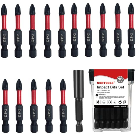 NORTOOLS Impact Screwdriver Driver Bits Set 16pcs S2 Steel Magnetic Phillips Screwdriver Bit Set - (50mm) PH2 Non-Slip, 1/4 Hex Shank, High Torque Impact Resistant for Drills & Screwdrivers
