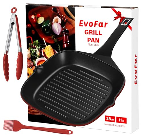 EvoFar Grillpfanne 28 x 28 cm mit Ausguss, Steakpfanne quadratisch gerillt Antihaftbeschichtetes Aluminium, Grill Pfanne induktion für alle Herdarten