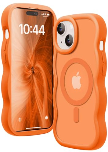 Amzfield Magnetic Case for iPhone 13/14, Wavy Translucent Schlank, Orange | Compatible with MagSafe Wavy Translucent Soft Silicone Shockproof Cute Matte for Girl Women Drop Protection Soft Touch Pretty