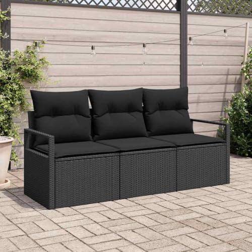 Yunovire Gartensofa-Set, 3-teilig, Schwarz, Poly-Rattan, wetterfest, mit Kissen, wasserdichter Aufbewahrungstasche, für Balkon, Terrasse, Garten, 330 kg Traglast