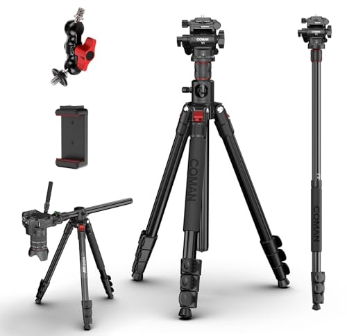 COMAN Treppiede Fotocamera Orizzontale da 181cm, Treppiede Video con Testa Idraulica, Piastra a Sgancio Rapido, Monopiede Staccabile, Adatto per Fotocamere Reflex,Videocamere(KX3939MINI-V1)